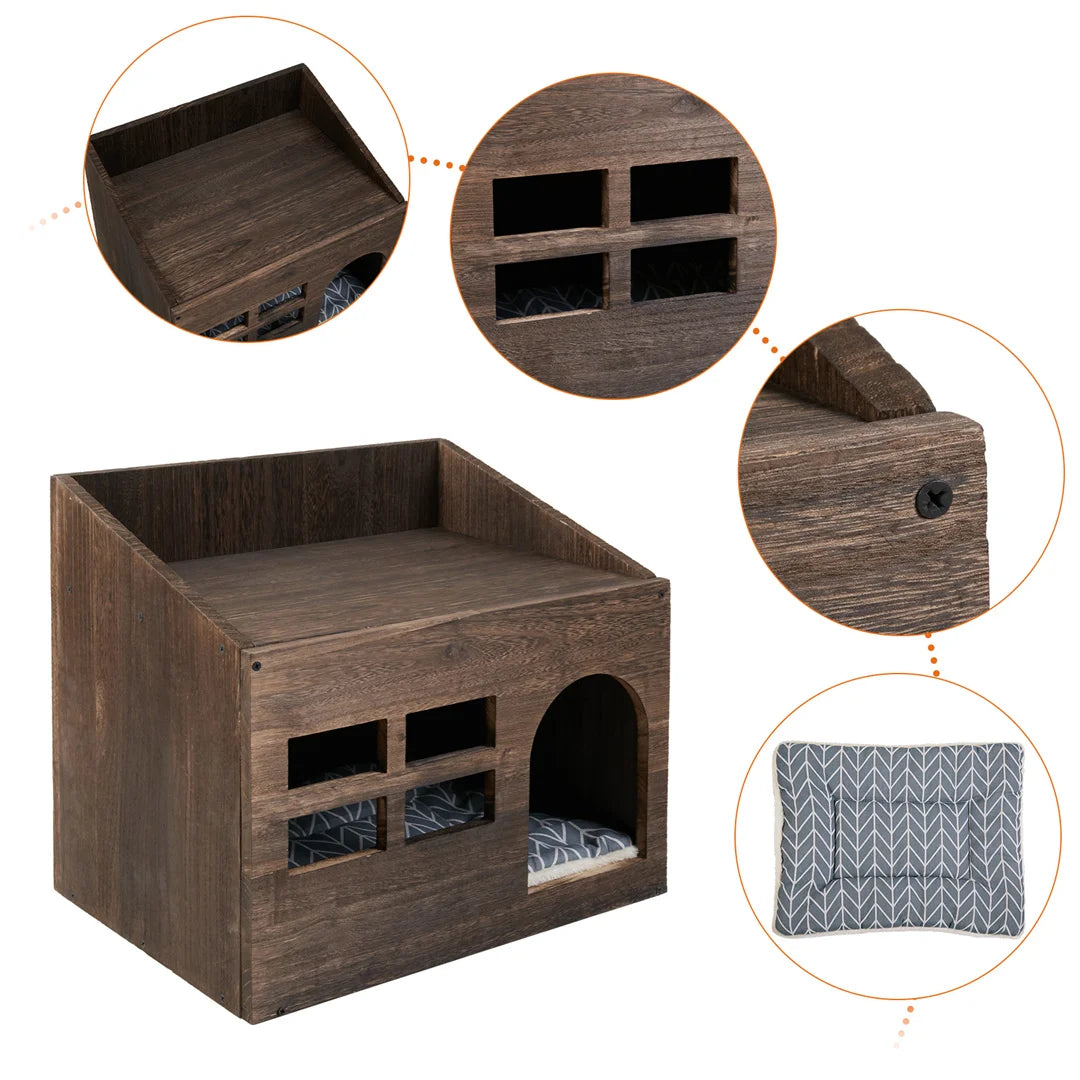 Wooden Cat Cave Bed And Litter Box