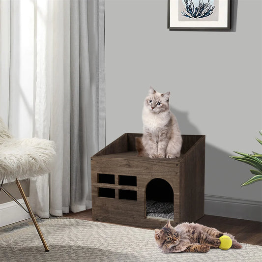 Wooden Cat Cave Bed And Litter Box