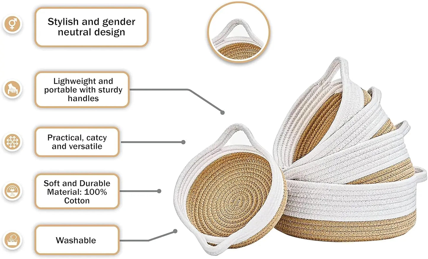 Five Piece Cotton Round Rope Baskets