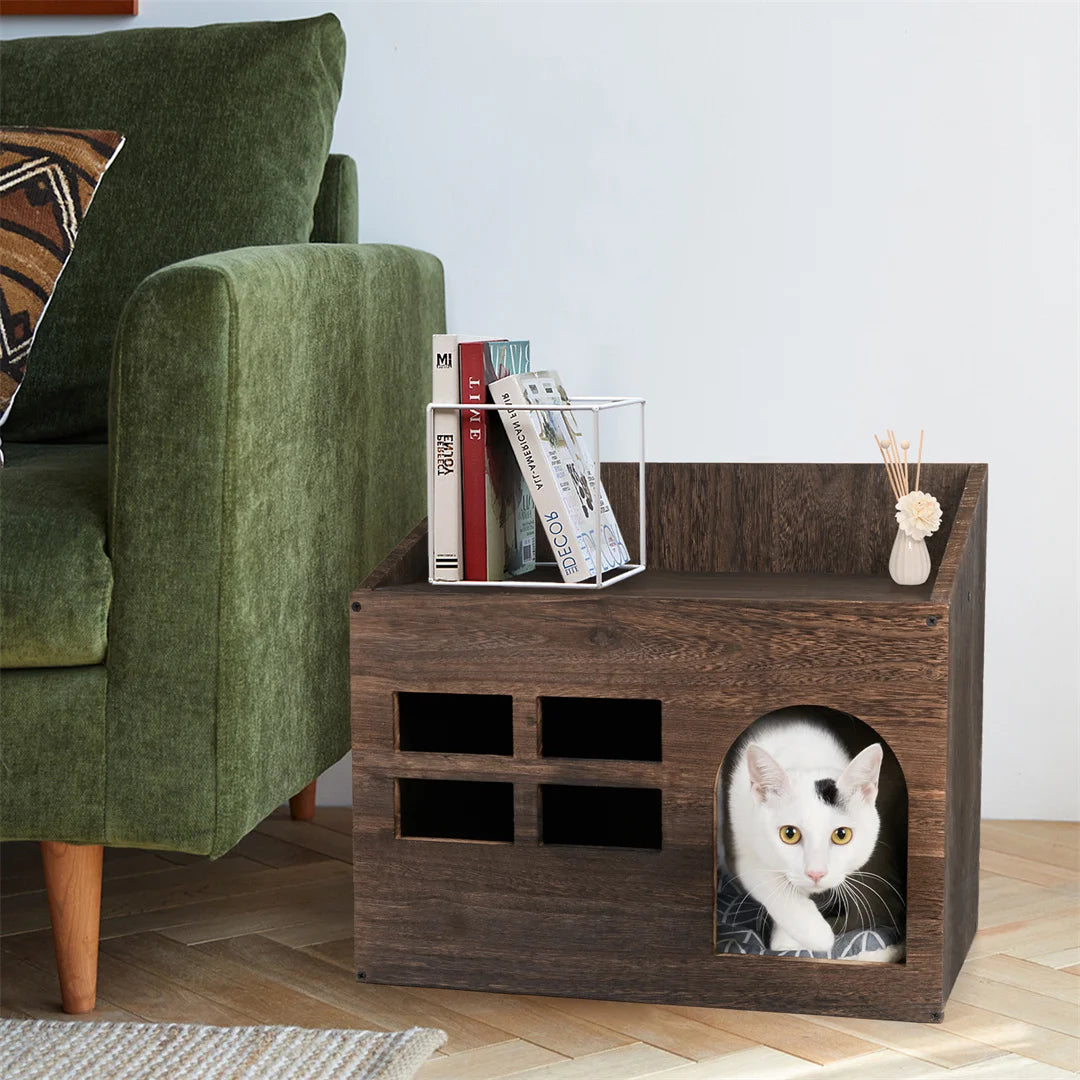 Wooden Cat Cave Bed And Litter Box