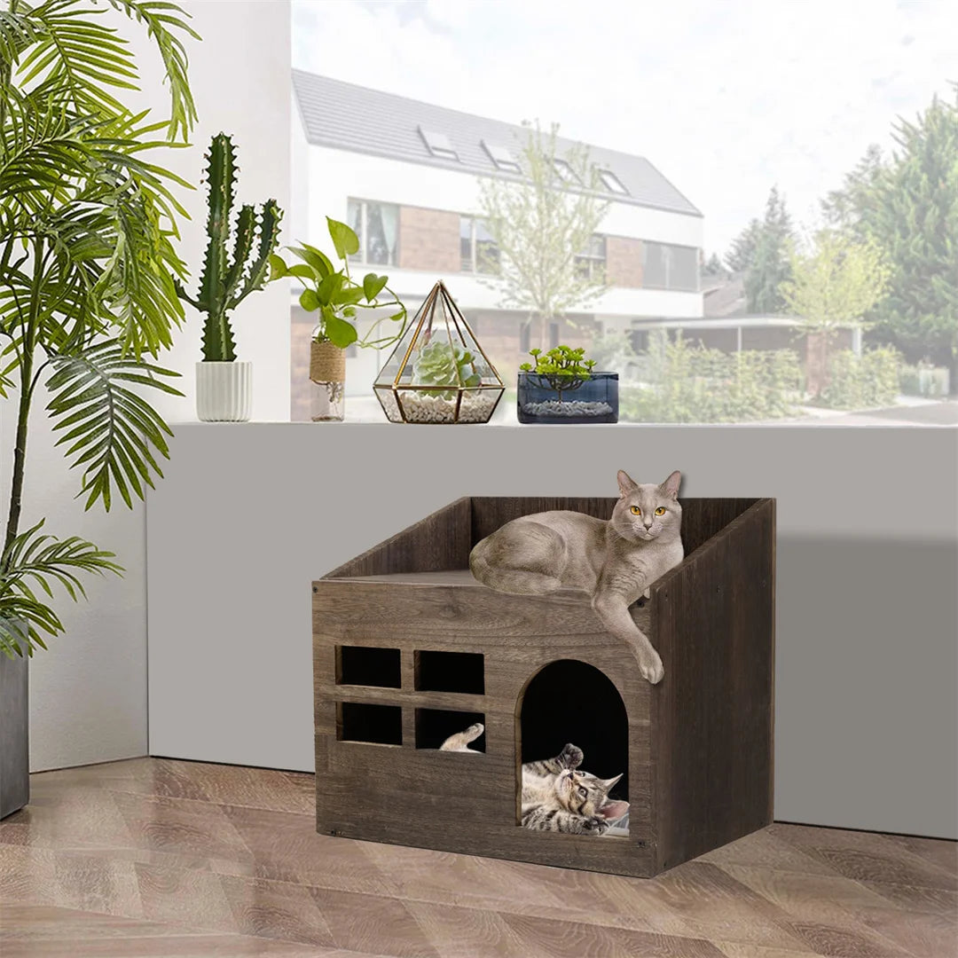 Wooden Cat Cave Bed And Litter Box