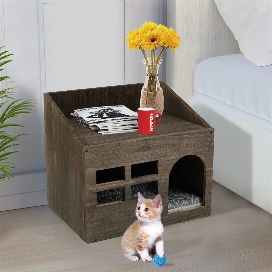 Wooden Cat Cave Bed And Litter Box