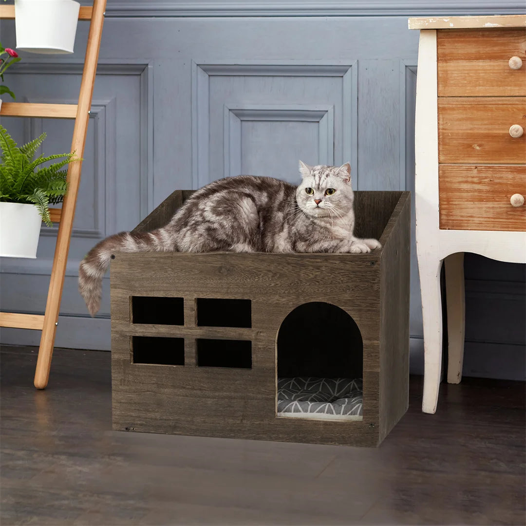 Wooden Cat Cave Bed And Litter Box