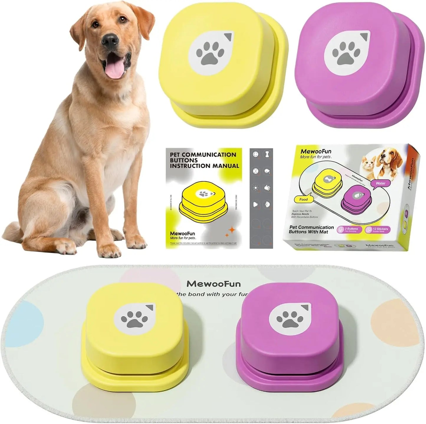 Mewoofun Dog Buttons for Communication Talking Dog Training Speaking Buttons with Mat & Training Manual & Stickers (2 Packs)